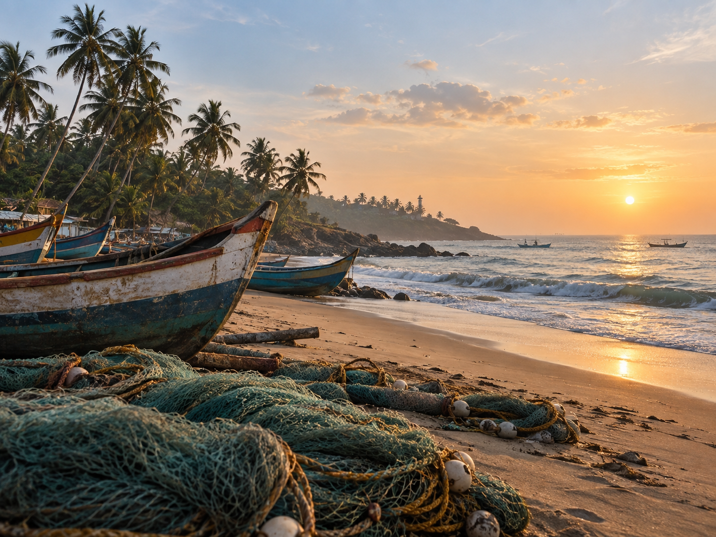 Fishing boats on the Kerala coast near Adimalathura at sunrise