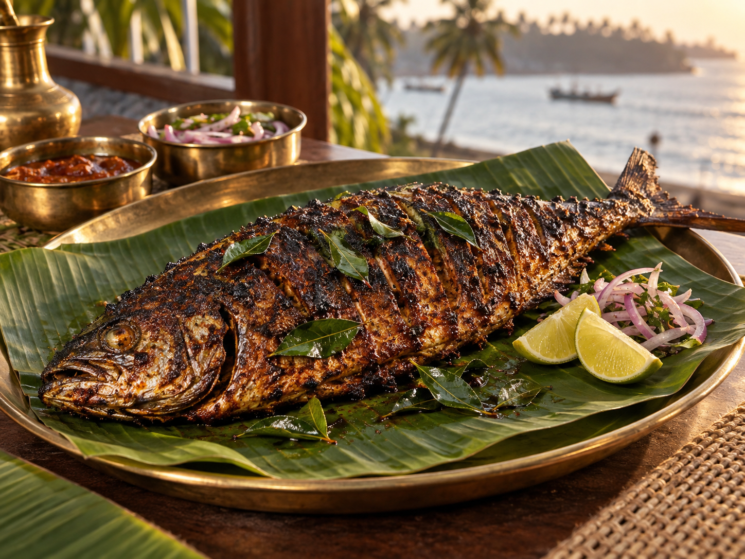 Kerala-style charcoal grilled whole fish with curry leaves and lime