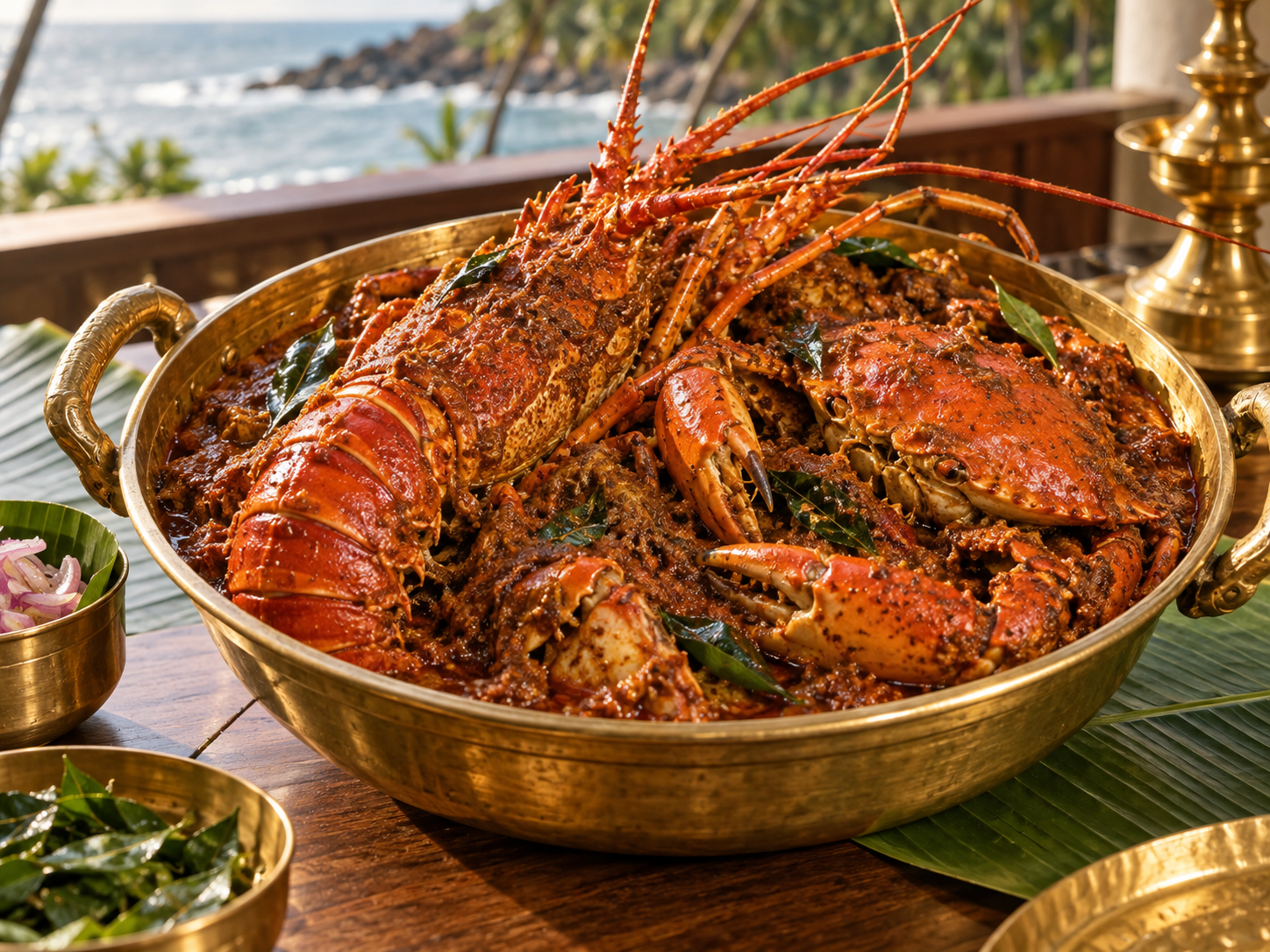 Kerala lobster and crab masala served in a brass vessel