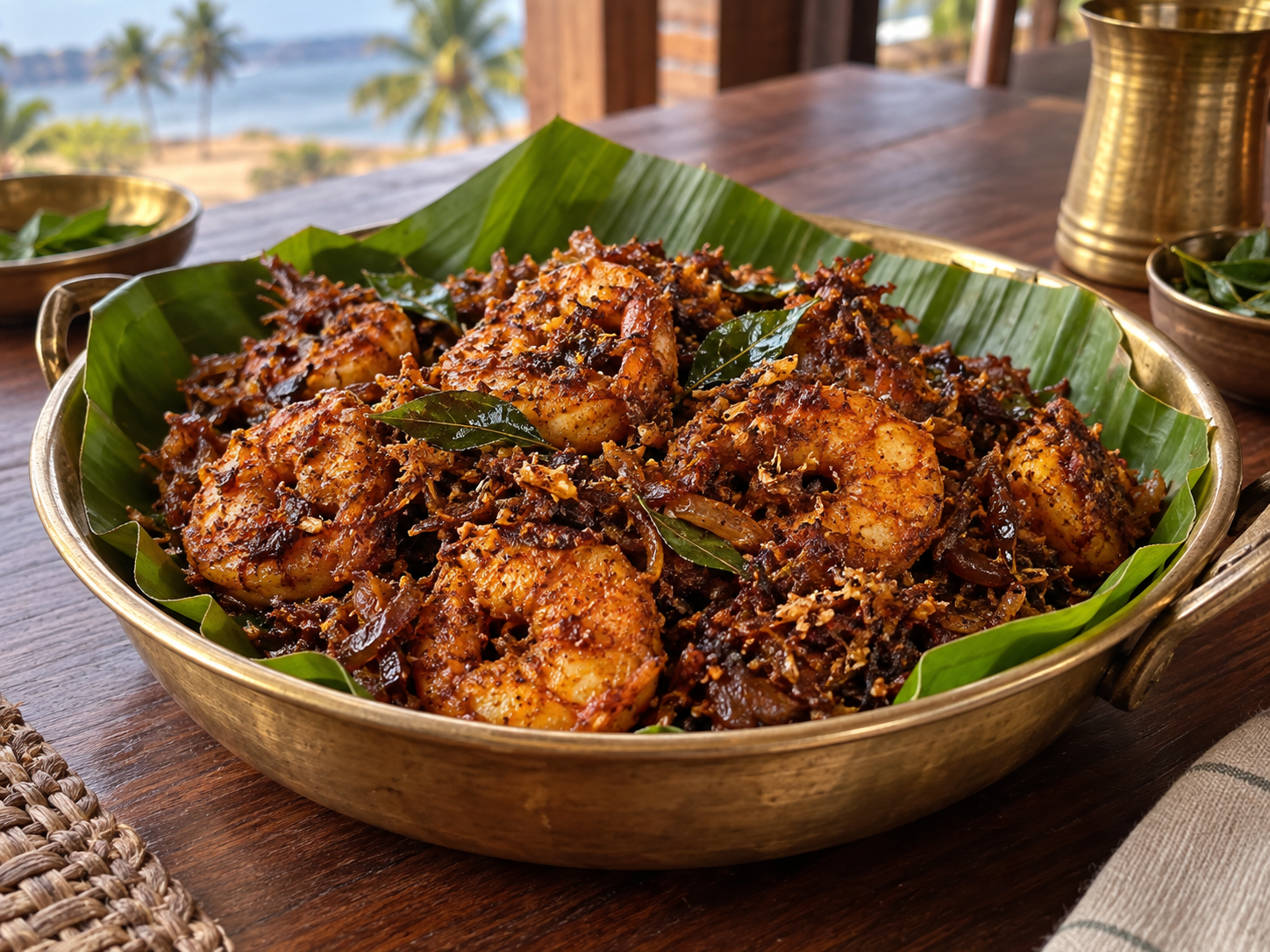Kerala prawns roast with coconut, onion and masala